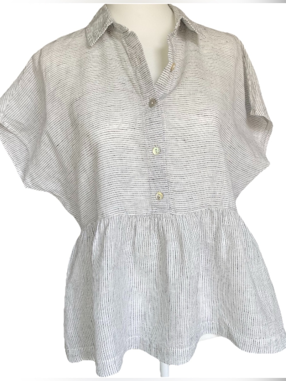 C&C California Linen Peplum Babydoll Blouse White Pinstripe Collared Coastal S